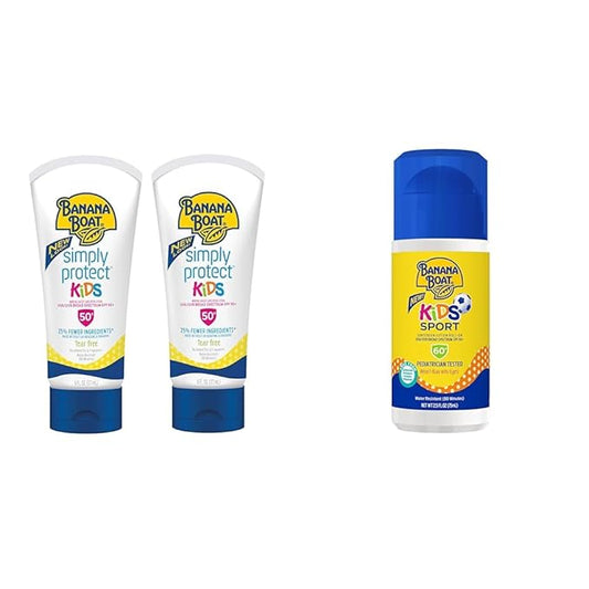 Banana Boat Kids Mineral Sunscreen Lotion SPF 50 Twin Pack and Sport Sunscreen Roll On Lotion SPF 60 Travel Size