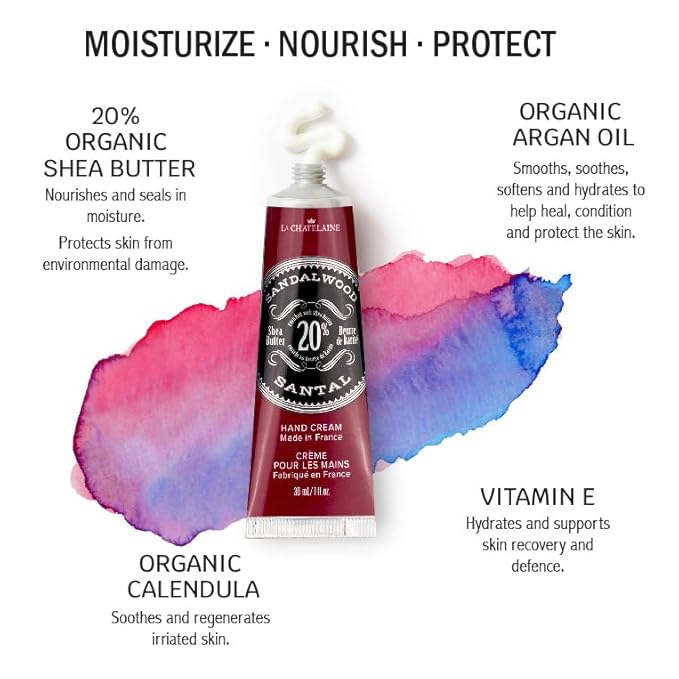 La Chatelaine 20% Shea Butter Hand Cream Travel Size, Men, Unisex, Organic Argan Oil, Moisturizing, Nourishing, Extra-Rich Hand Lotion, Made in France, Paraben Free, 1 oz / 30ml (Sandalwood)