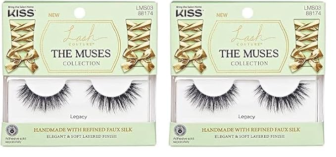 KISS Lash Couture The Muses Collection False Eyelashes, Legacy', 12 mm, Handmade, Refined Faux Silk, Contact Lens Friendly, Easy to Apply, Includes 1 Pair Reusable Strip Lashes (Pack of 2)