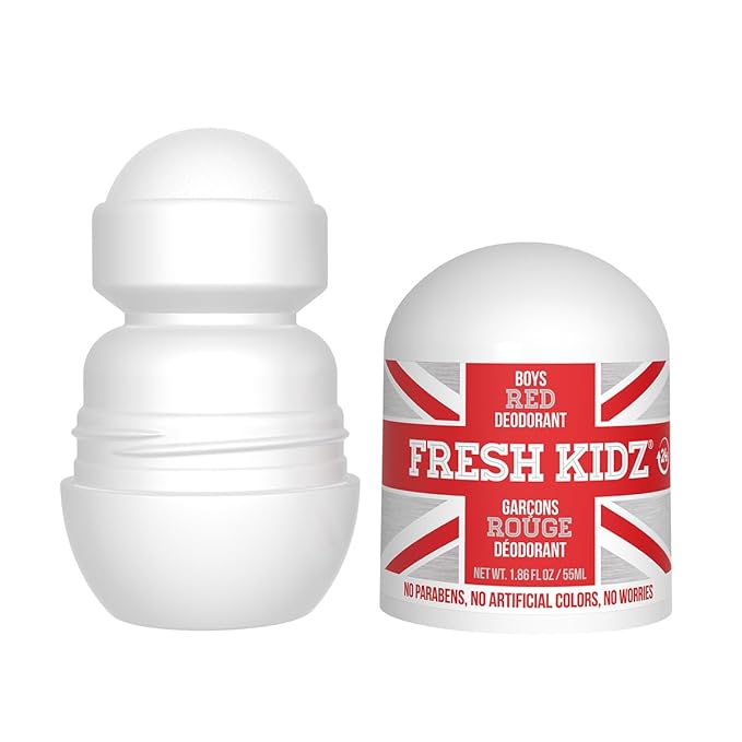 Fresh Kidz Roll On Deodorant for Kids and Teens - Baking Soda and Aluminum-free 24 Hour Protection for Sensitive Skin - Boys "Red" 1.86 fl.oz. (2 Pack)