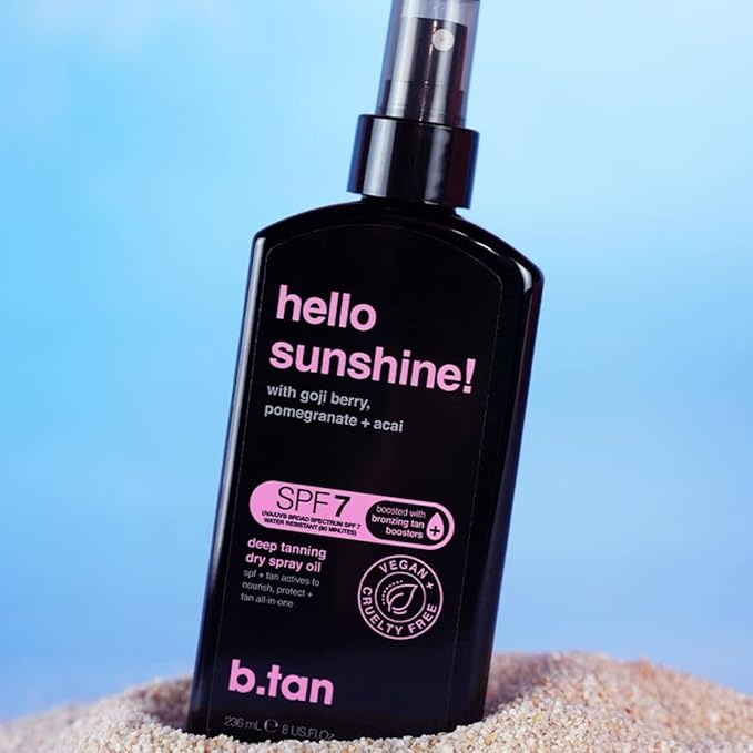 b.tan SPF 7 Deep Tanning Dry Spray | Hello Sunshine Tanning Oil - Enriched w/Bronzer & Tan Boosting Actives, Deeply Nourishes Skin w/Goji Berry, Pomegranate + Açai, Vegan, Cruelty Free, 8 Fl Oz