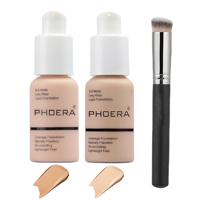 2 Pcs Phoera Foundation Makeup 102 and iquid Flat Top 104 L