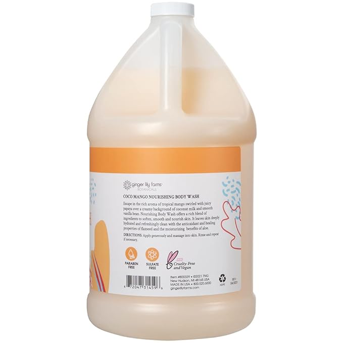 Ginger Lily Farms Botanicals Nourishing Body Wash, Coco Mango, 100% Vegan & Cruelty-Free, Coconut Mango Scent, 1 Gallon Refill 128 Ounce (Pack of 4)