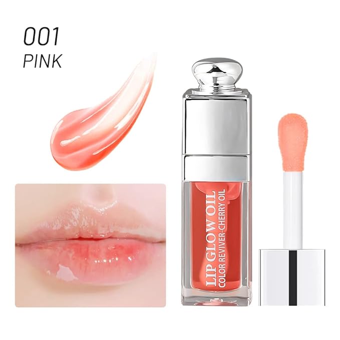 2PCS Hydrating Lip Glow Oil, Lip Oil Gloss Transparent Toot Tinted Nourishing Long Lasting Repairing Lightening Lip Lines (PINK) 0.2 OZ