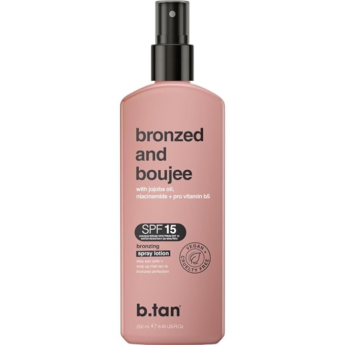 b.tan SPF 15 Sun Tanning Lotion Spray | Bronzed and Boujee - Outdoor Bronzing Spray Lotion, Packed with Jojoba Oil, Niacinamide, & Pro Vitamin B5, Vegan Friendly, Austrailian Brand, 8.45 Fl Oz