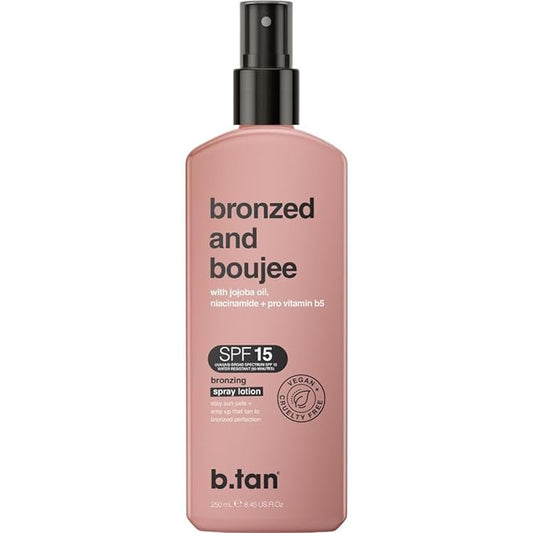 b.tan SPF 15 Sun Tanning Lotion Spray | Bronzed and Boujee - Outdoor Bronzing Spray Lotion, Packed with Jojoba Oil, Niacinamide, & Pro Vitamin B5, Vegan Friendly, Austrailian Brand, 8.45 Fl Oz