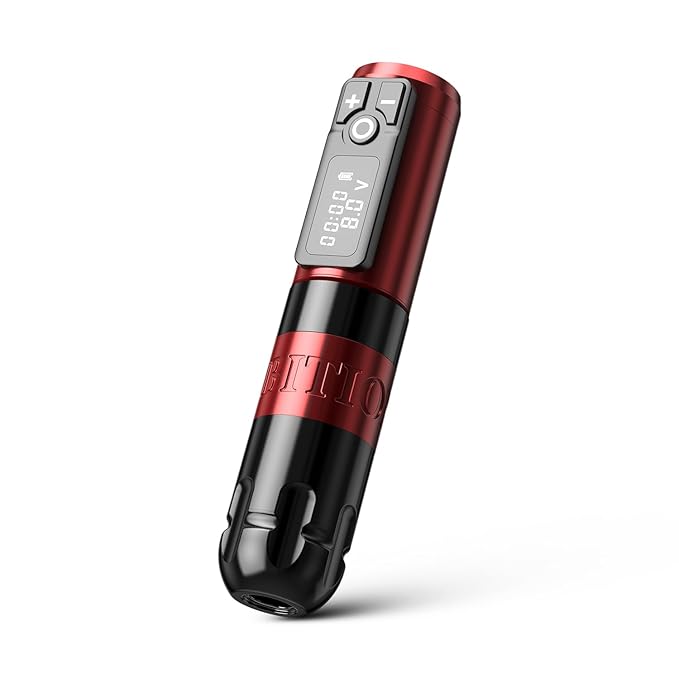 Ambition Soldier Rotary Battery Pen Tattoo Cartridge Machine with 2400mAh Wireless Power Coreless Motor Digital LED Display Tattoo Equipment Supply for Tattoo Artists (Polish Red)