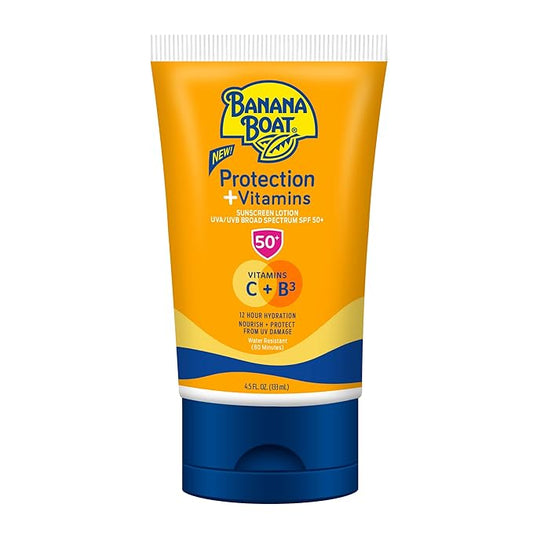 Banana Boat Protection + Vitamins Sunscreen Lotion SPF 50, 4.5 oz - Nourishing, Moisturizing, Vitamin C, Niacinamide, Water Resistant, Dermatologist Tested