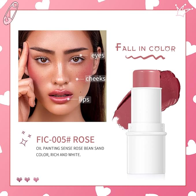 Blush Stick, Matte Cream Blush Stick for Cheeks, Lasting(05 Rose)