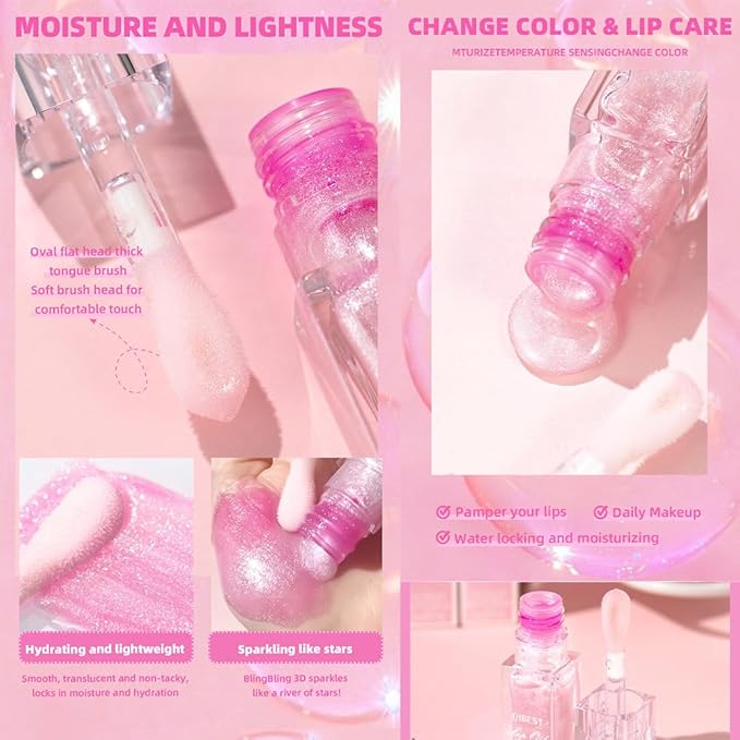 Hydrating Lip Gloss Transparent Lip Care,Magic Color Changing Moisturizing Lip Glow Oil Plumping Glimmer Glow Lipstick, Long Lasting Non-sticky Fresh Texture Lip Oil(Q2394-1#Change Color)