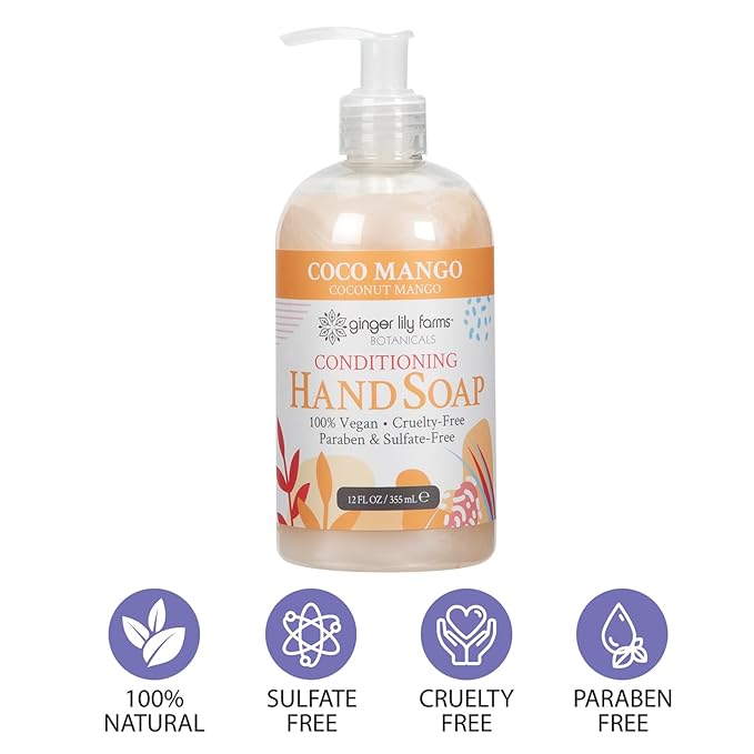 Ginger Lily Farms Botanicals Conditioning Liquid Hand Soap, Coco Mango, 100% Vegan & Cruelty-Free, Coconut Mango Scent, 12 Fl Oz (Pack of 6)