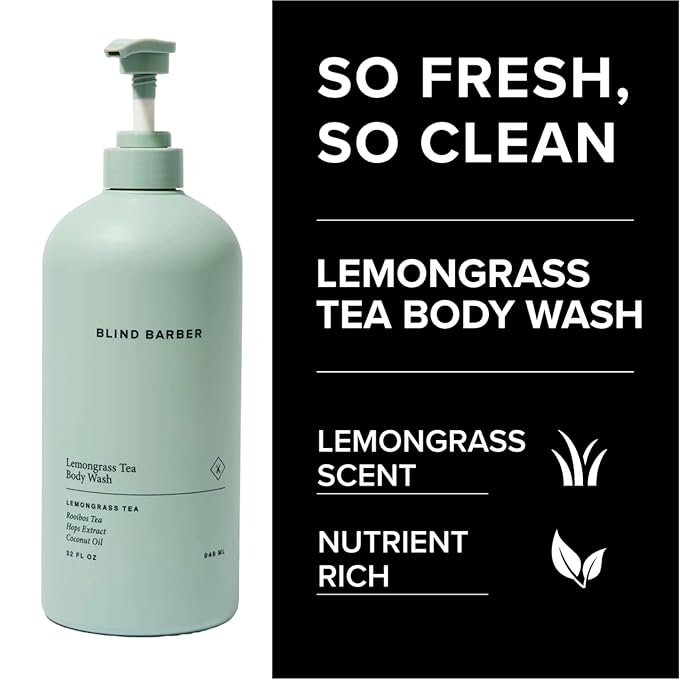 Blind Barber Lemongrass Tea Shower Gel for Men - A Daily Sulfate Free Body Wash for Clean, Hydrated Skin - Refreshing Formula Designed to Remove Build-Up + Debris -32 oz