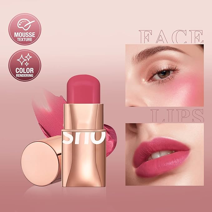 Cream Blush Stick for Cheeks Makeup, Waterproof Face Tones-Cherry Pink