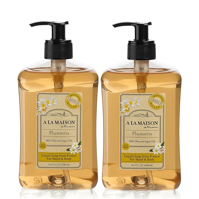 A LA MAISON French Liquid Hand Soap, Plumeria - Natural Hand Wash Made with Essential Oils - Biodegradable, Plant-Based, Vegan, Cruelty-Free, Alcohol & Paraben Free (16.9 oz, 2 Pack)