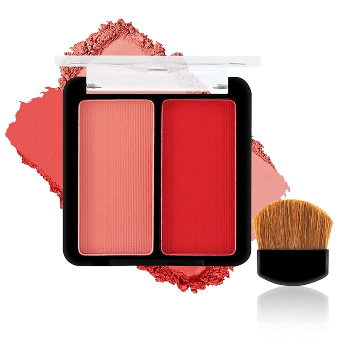 2 Colors Matte Blush Palette with Brush,Pink Blush Blusher,Highly Pigmented