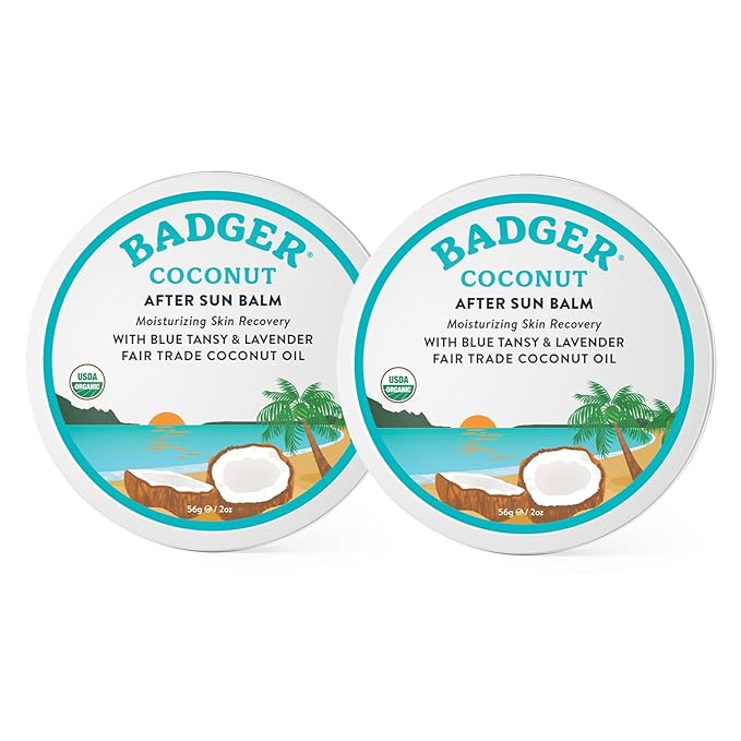 Badger Coconut AfterSun Balm, 100% Organic Soothing Sunburn Relief, Great Smelling, Moisturizing & Hydrating After Sun Skin Care, 2 oz Tin, 2-Pack