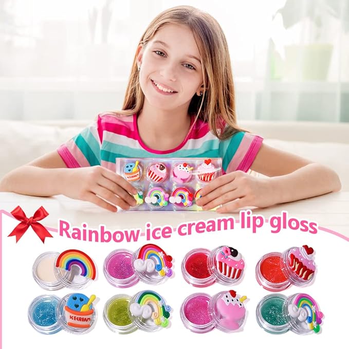 8PCS Cute Lip Gloss for Girls, Party Favors Lip Balm Set for Kids, Assorted Fruity Flavors Cute Cupcake of Rainbow Designs Birthday Gift