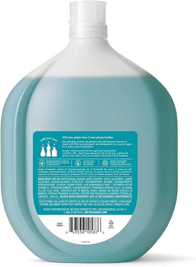 Method Gel Hand Soap Refill, Waterfall, Recyclable Bottle, Biodegradable Formula, 34 oz (Pack of 4) (Packaging May Vary)