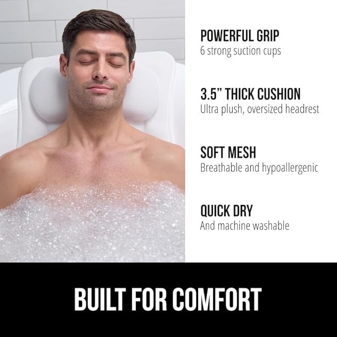 GORILLA GRIP Mesh Bath Pillow for Tub, 6 Powerful Suction Cups, Oversized Headrest with Breathable FlexComfort Technology for Neck, Head, Back Support, Luxury Machine Washable Bathtub Must Haves White