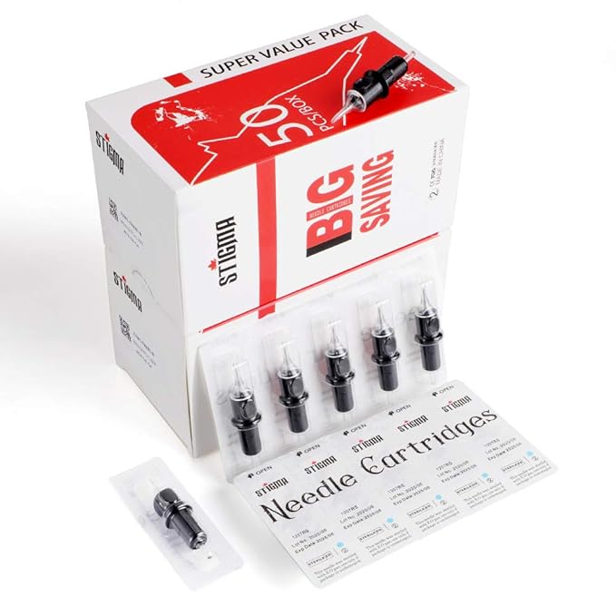 STIGMA #12 Standard 0.35mm Disposable Tattoo Cartridge Needles 50pcs Assorted Sizes 3RL 5RL 7RL 9RL 3RS 5RS 7RS 9RS 7M1 1211M1 of Round Liner/Round Shader/Weaved Magnum EN05-50KIT-B