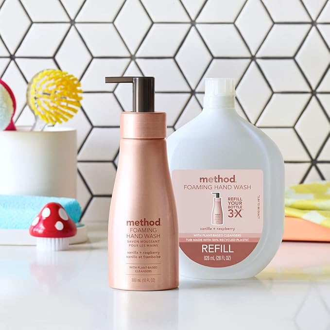 Method Premium Foaming Hand Wash, Vanilla + Raspberry, Reusable Pink Aluminum Bottle, Biodegradable Formula, 10 fl oz (Pack of 3)