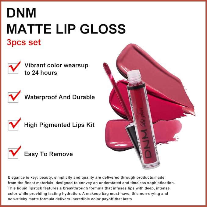 evpct 3Pcs Mauve red Berry pink Rose red Matte Liquid Lipstick Sets for Women 24-hour Matte+Lipstick Lipstick Lip Stain Gloss Long Lasting 24 Smudge Waterproof