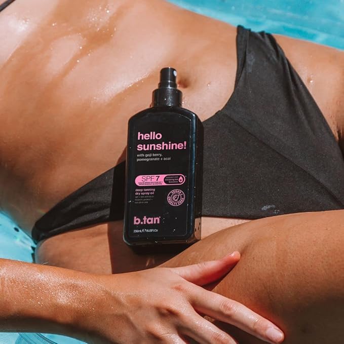 b.tan SPF 7 Deep Tanning Dry Spray | Hello Sunshine Tanning Oil - Enriched w/Bronzer & Tan Boosting Actives, Deeply Nourishes Skin w/Goji Berry, Pomegranate + Açai, Vegan, Cruelty Free, 8 Fl Oz
