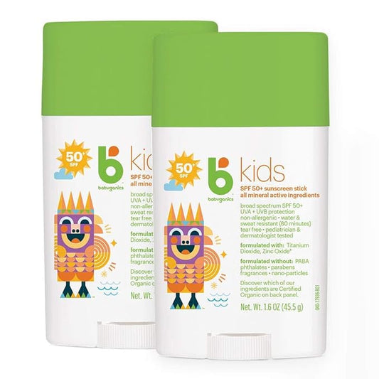 Babyganics SPF 50 Travel Size Kids Sunscreen Stick UVA UVB Protection | Water & Sweat Resistant |Non Allergenic, 1.6oz (Pack of 2)
