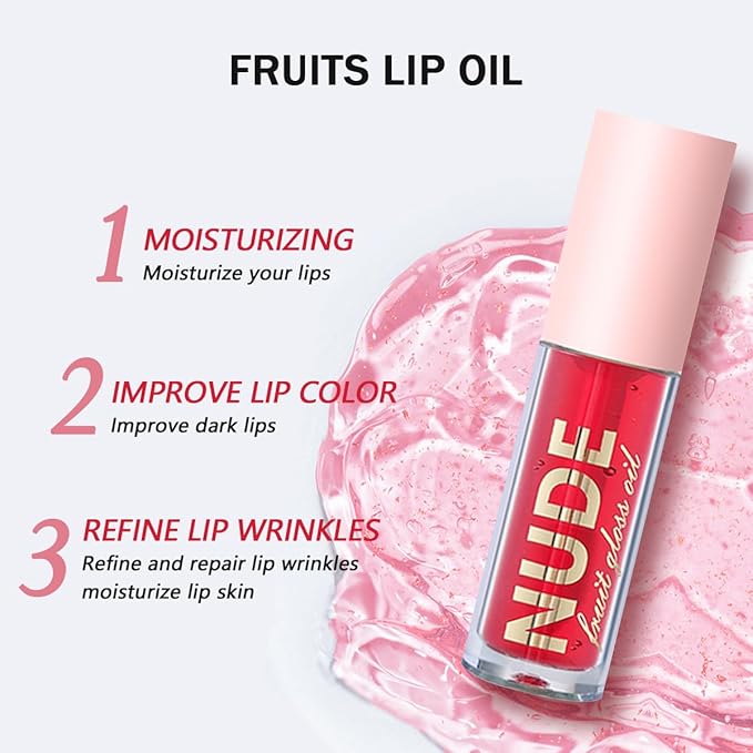 4 Pcs Plumping Lip Oil, Moisturizing Hydrating Lip Glow Oil Fruit Big Brush Head Lip Gloss Kit Smooth Glossy Finish Tinted Lip Balm, Non-sticky Fresh Texture
