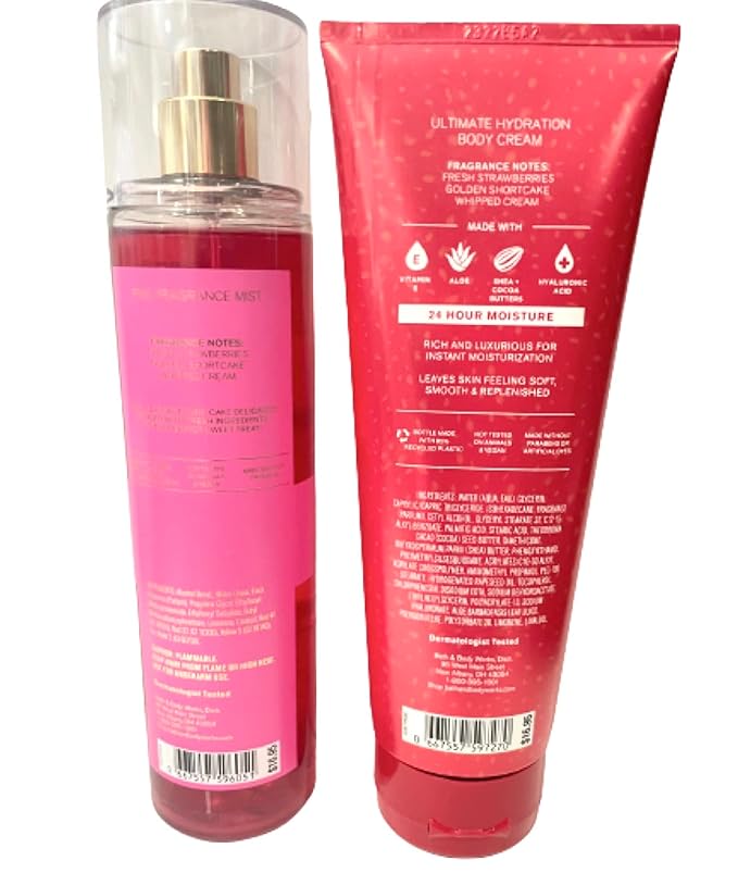 Bath & Body Works - Strawberry Pound Cake - 2 pc Bundle - Fine Fragrance Mist and Ultimate Hydration Body Cream (Packaging Design Varies)