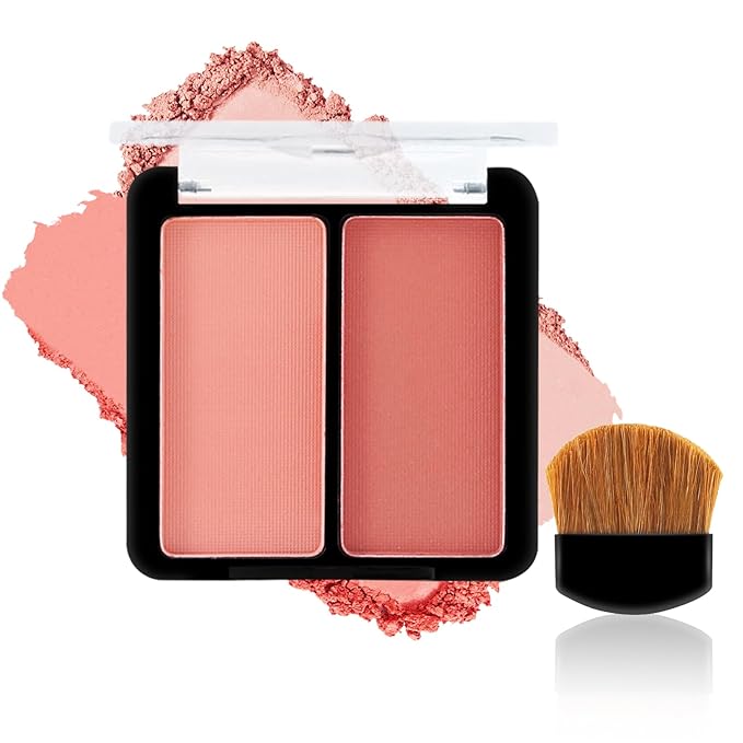 2 Colors Matte Blush Palette with Brush,Pink Blush Blusher,Highly Pigmented