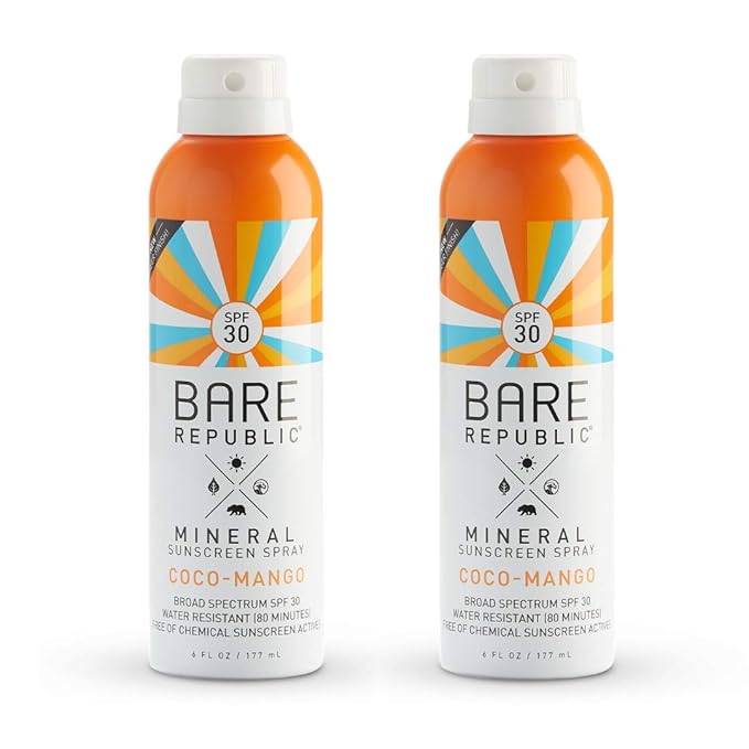 Bare Republic Mineral Sunscreen SPF 30 Sunblock Spray, Sheer and Non-Greasy Finish, Coconut Mango Scent, 6 Fl Oz
