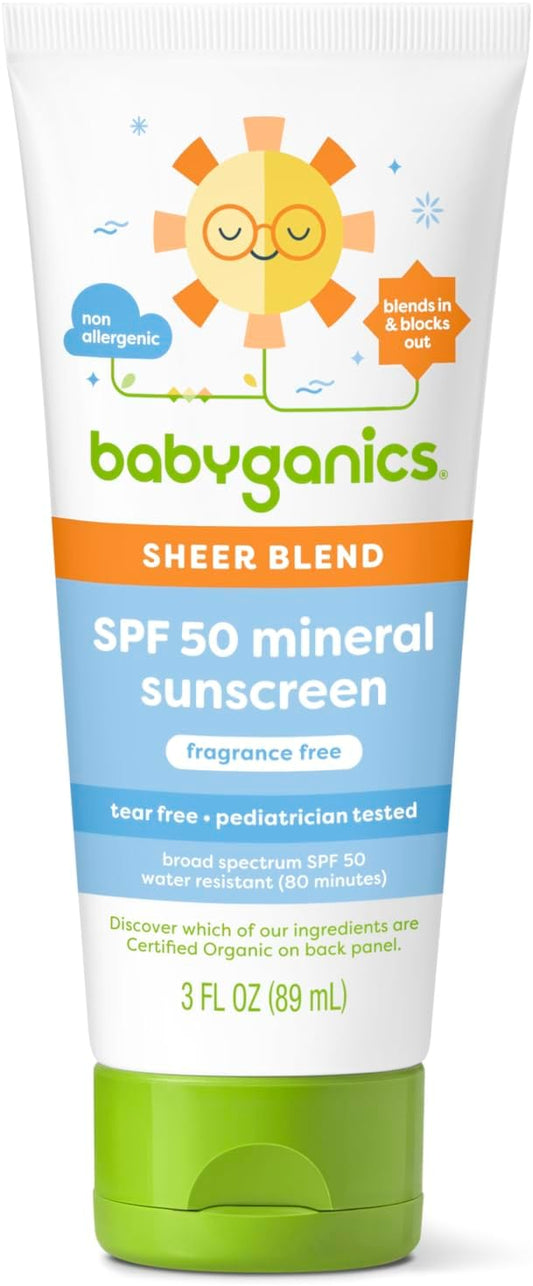 Babyganics SPF 50 Mineral Sunscreen Lotion, Sheer Blend, UVA UVB Protection, Octinoxate & Oxybenzone Free, Water Resistant, Fragrance Free, 3 oz
