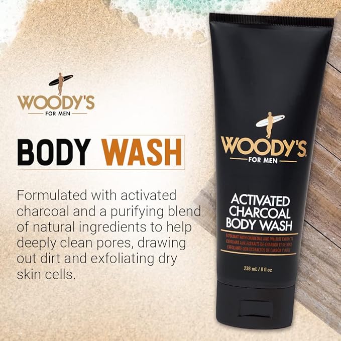 Woody's Activated Charcoal Body Wash for Men - Deep Cleansing, Exfoliating Face & Body Wash, Hydrating Formula with Walnut Extracts, Fresh Scent, 8 oz