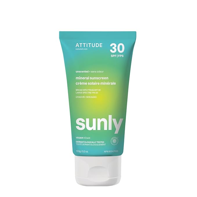 ATTITUDE Mineral Sunscreen with Zinc Oxide, SPF 30, EWG Verified, Broad Spectrum UVA/UVB Protection, Dermatologically Tested, Vegan, Unscented, 5.2 Ounces