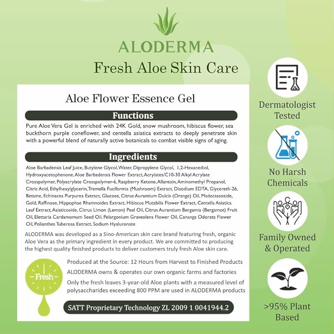 Aloderma Age-Defying Aloe Flower Essence Gel with 24K Gold Leaf, Made within 12 Hours of Harvest - Luxurious Aloe Gel with Allantoin & Hyaluronic Acid for a Shimmering, Youthful Complexion, 7oz 2-Pack
