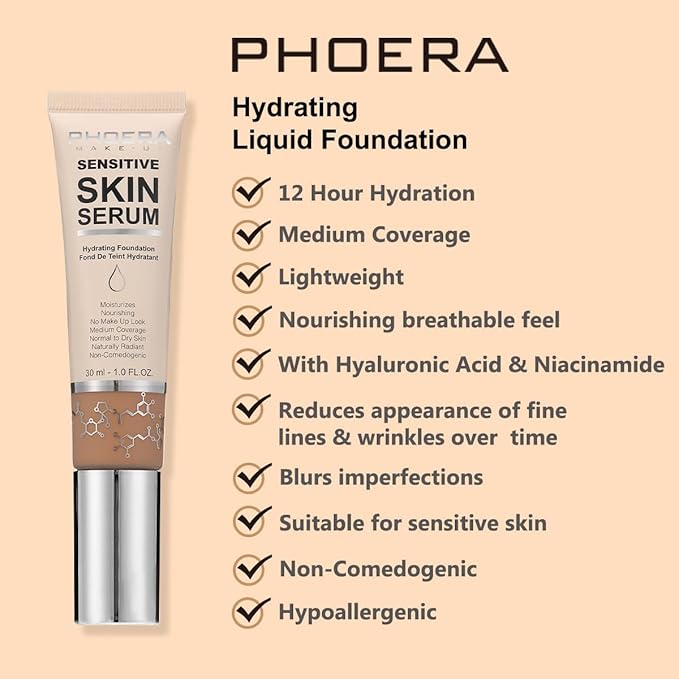 PHOERA Essence Foundation, Hypoallergenic Full Coverage Foundation Serum, Beige, norm)