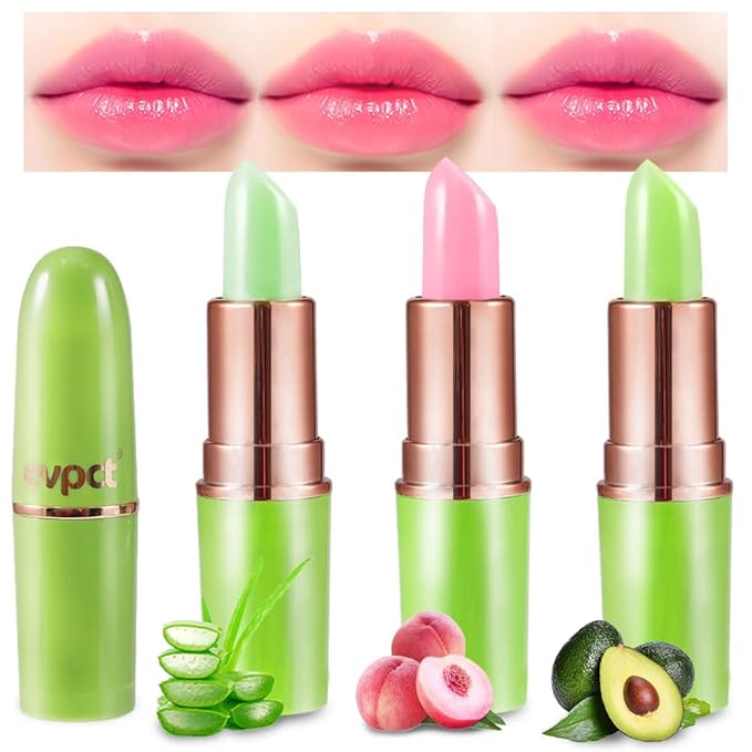 evpct 3Pcs Magic Color Changing Lipstick Long Lasting Waterproof 24 Hours Original for Women, Aloe Vera Peach Avocado Pink PH Mood Permanent Color Changing Lipstick Lip Balm Gloss, labial magico