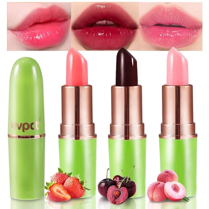 evpct 3Pcs Magic Color Changing Lipstick Long Lasting Waterproof 24 Hours Original for Women, Peach Strawberry Black Red Cherry Pink PH Mood Permanent Color Changing Lipstick Lip Balm, labial magico