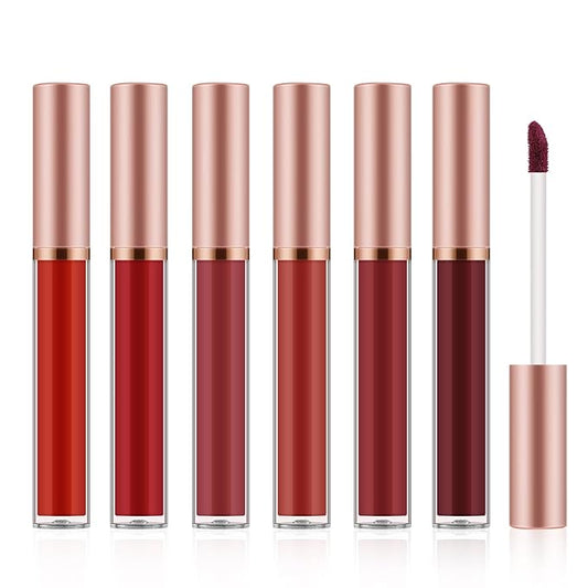 6pcs Matte Lip Gloss Set for Women,Highly Pigmented Velvet Lip Stain，Long Lasting，Waterproof Lip Makeup，Nude，Brown