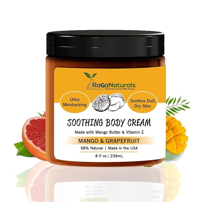 RaGaNaturals Natural Mango Butter Body Cream for Dry Skin for Women, Men - Tropical Plant-Based Hydrating Moisturizer with Avocado Oil and Vitamin E - Non-Greasy, Vegan, Cruelty-Free, Smell Good -8 Oz