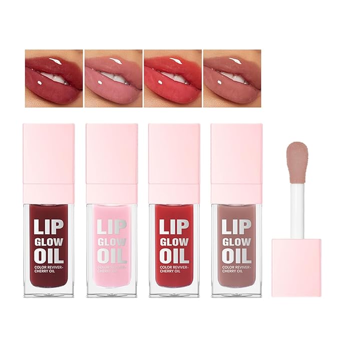 Glow Lip Oil Set, 4 Colors Tinted Glow Lip Oil Set, Hydrating Transparent Moisturizing Plumping Non-Sticky Big Brush Head Lip Gloss