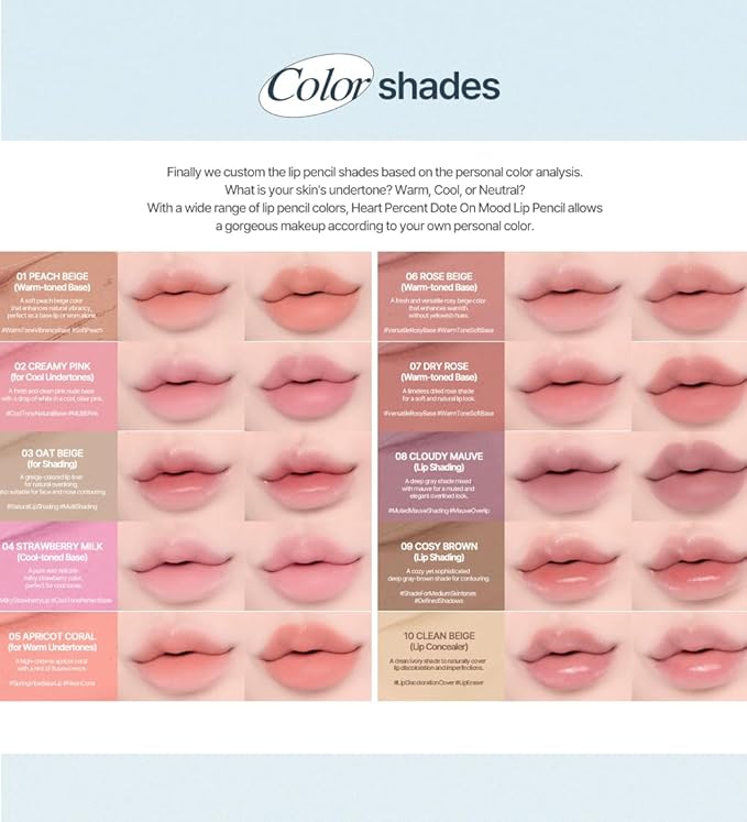 Heart Percent Dote On Mood Lip Pencil, Long-Lasting Creamy Lip Crayon Smooth Color Liner Retractable Lipstick Pencil 0.8g, #06. Rose Beige