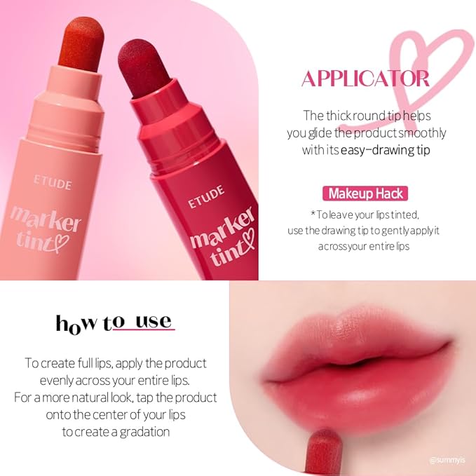 ETUDE Dear Darling Marker Tint #3 Apple Candy (5g) | Hydrating & Long Lasting Lip Stain | High Pigmented Lip Maker with Easy Drawing Tip | Korean Daily Lip Tint, Korean Makeup, Kbeauty