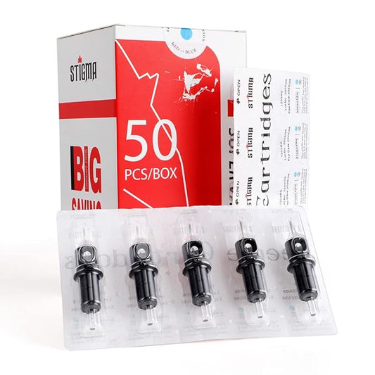 STIGMA #12 Standard Disposable Tattoo Cartridge Needles 50pcs Assorted Sizes 3RL,5RL,7RL,9RM,15RM,0.35mm of Round Liner&Curved/Round Magnum Soft Edge for Tattoo Machines EN05-50KIT-X