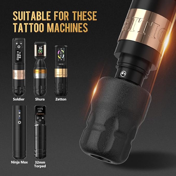 Ambition Soldier P2 Disposable Tattoo Grips - 12Pcs 34mm Professional Tattoo Rubber Grip Cover with Click Adjust System Supply for Rotary Soldier, Zetton, Torped & Shura Tattoo Pen Machine Gun