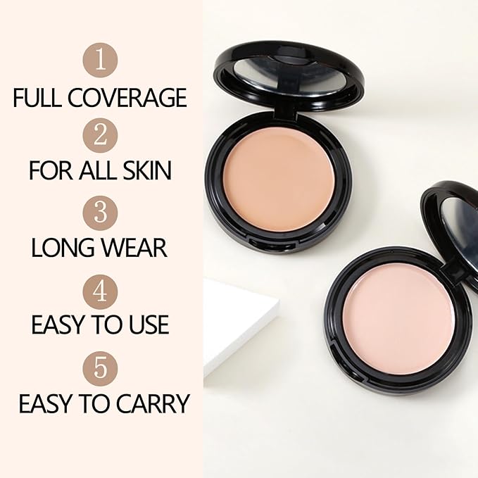 Powder Foundation,Long Wear Full Coverage Foundation with Sponge,Flawess Correcting Color