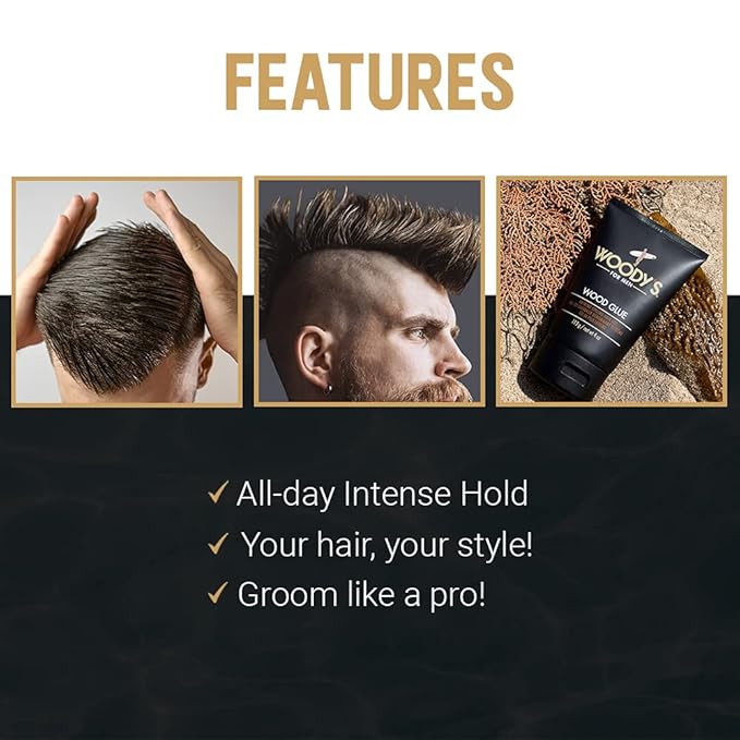 Woody's Wood Glue Extreme Styling Gel for Men, Intense Long-lasting Hold with No Flaking, Quick-drying, Retains Moisture, Suitable for All Hair Types and Hair Styles, 4 oz - 1 pack