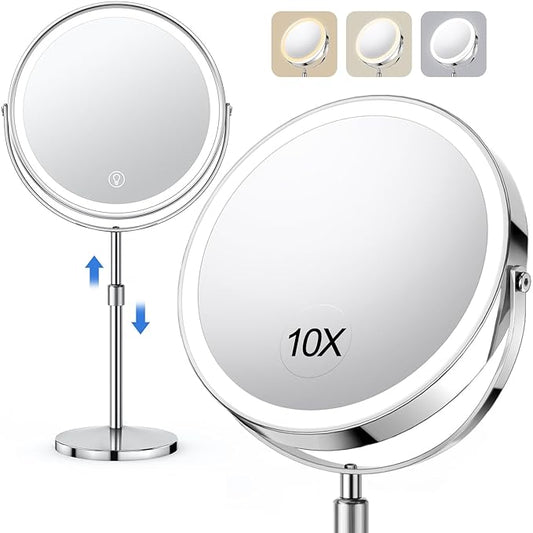 Lighted Makeup Mirror, Rechargeable Height Adjustable Double Sided, 1x/10x Magnifying with 3 Color, Brightness Adjustable, 360° Rotation Vanity, Gift for Women