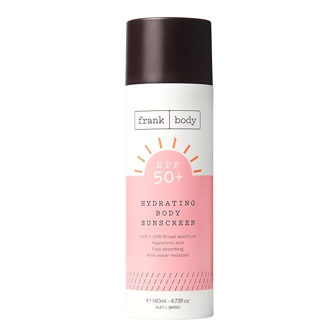 Frank Body SPF50+ Hydrating Body + Facial Sunscreen | Vegan & Cruelty- Free | UVA & UVB Broad Spectrum Sunscreen | Oxybenzone- Free | Hyaluronic Acid, Vitamin E & Aloe Vera (4.73 fl oz/ 140mL)